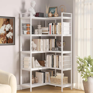 Vividwood 5-Tier Corner Bookshelf - Industrial Wooden Display Shelf with Metal Frame