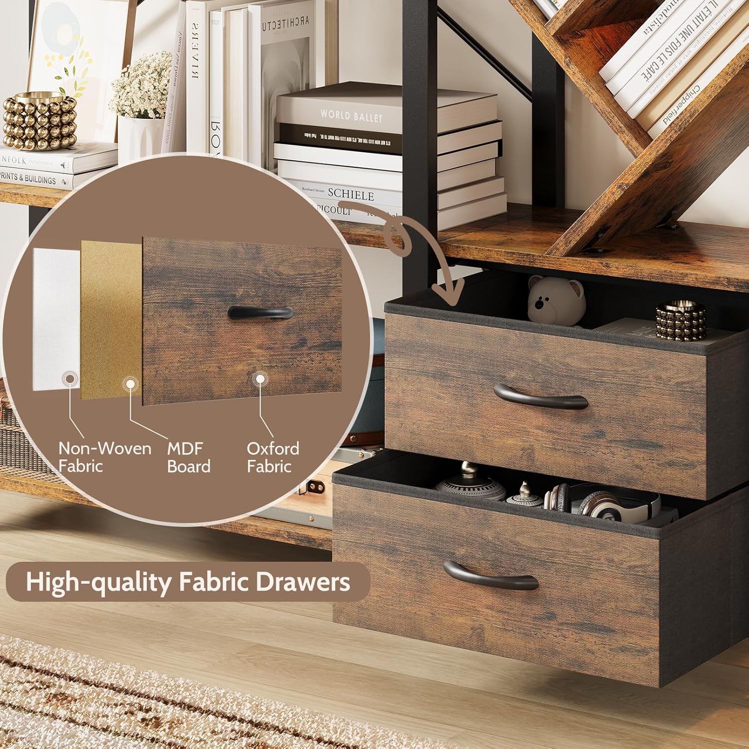 Vividwood 5-Tier Industrial Bookshelf - Tree Display with Fabric Drawers (Rustic Brown)