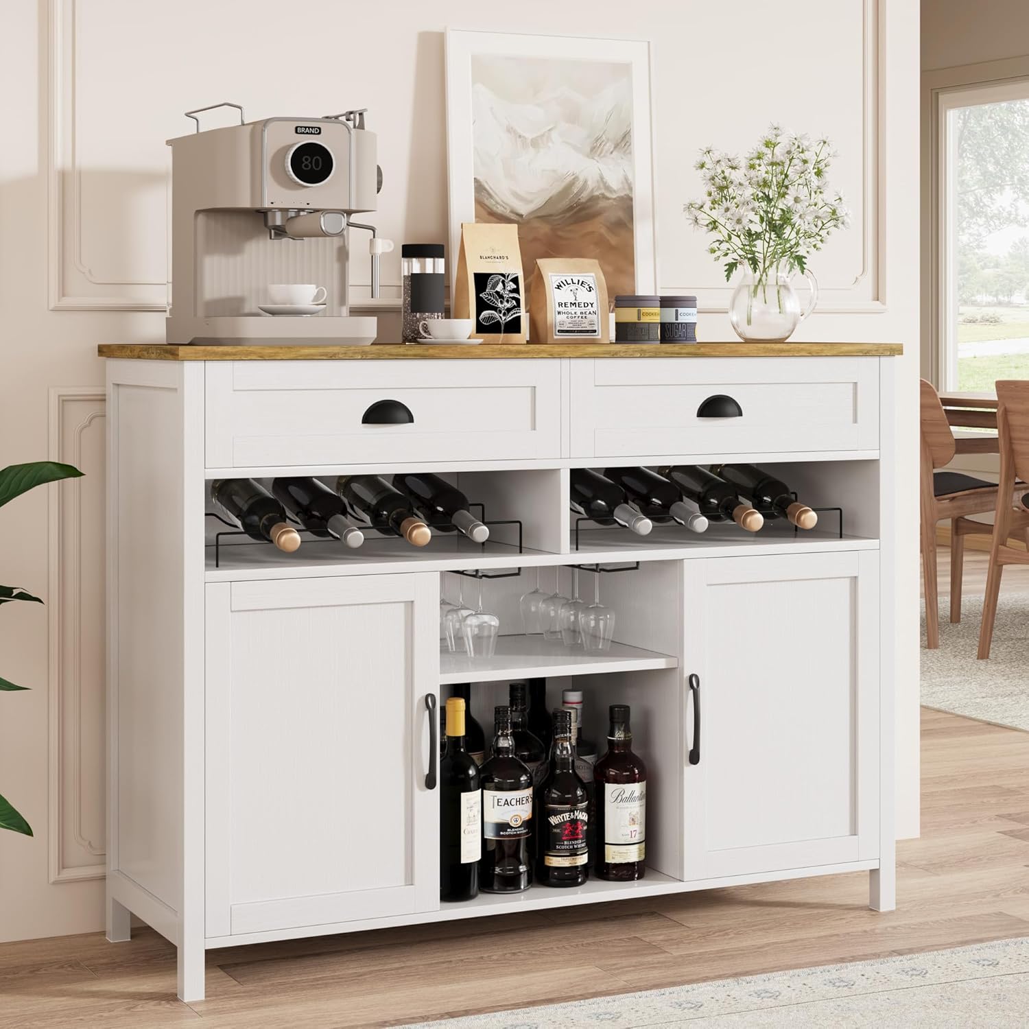 Vividwood Modern Farmhouse Wine Cabinet‌ - 47.2" with Glass Rack & Drawers (White)