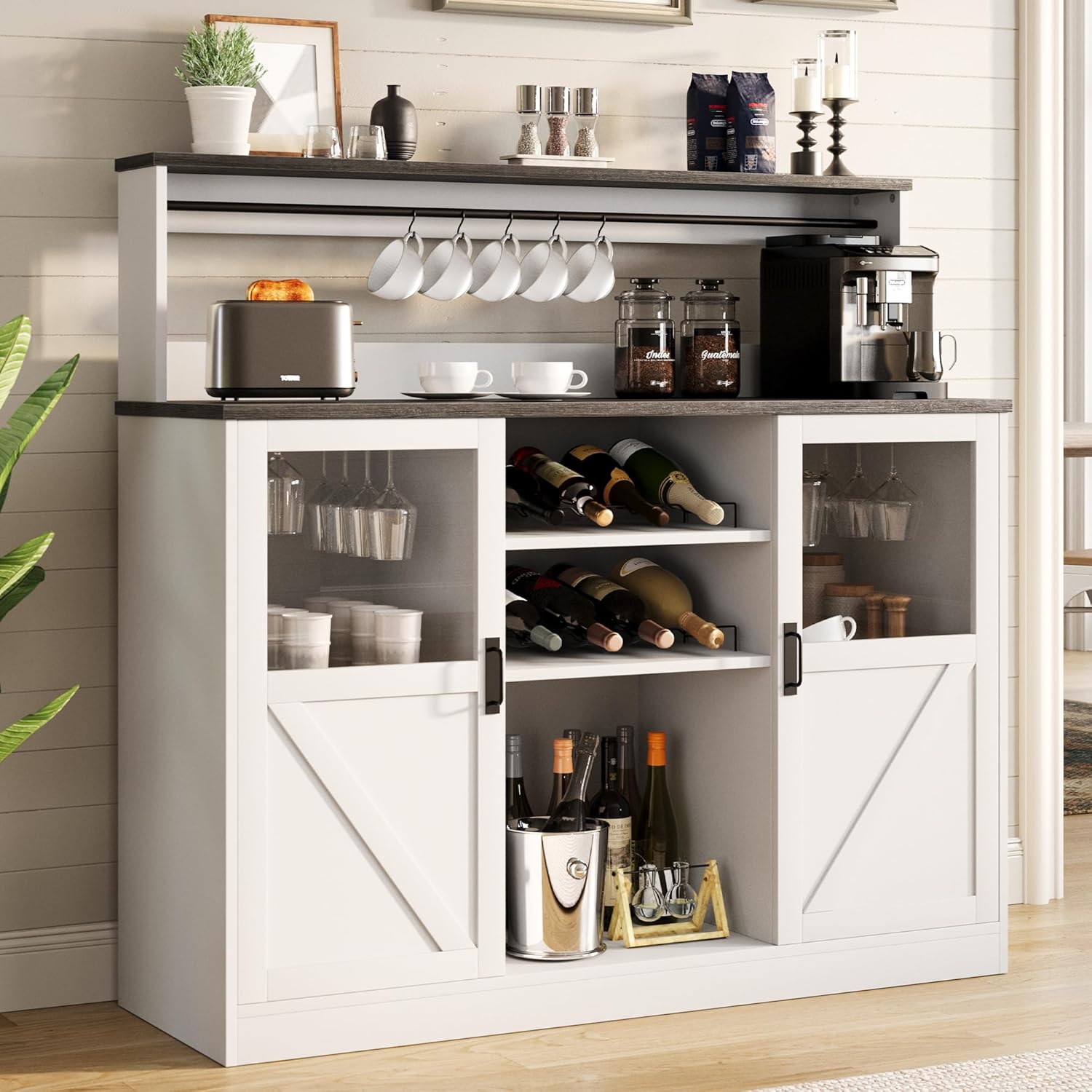Vividwood Farmhouse Bar Cabinet‌ - Acrylic-Front Storage Hutch with Goblet Holder (Grey)