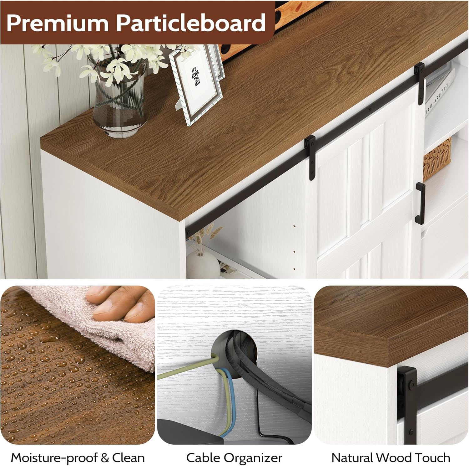 Vividwood Farmhouse TV Stand for 70" TVs - Entertainment Center with Barn Doors & Storage