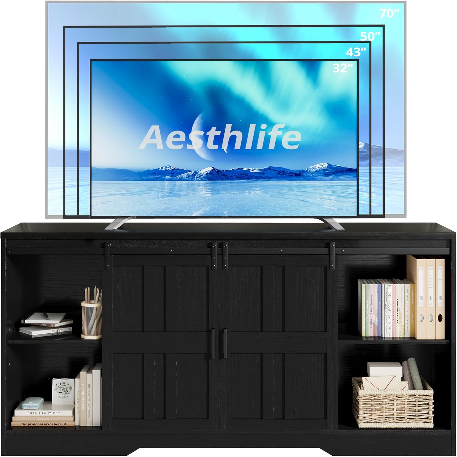 Vividwood 70" TV Stand with Barn Doors - Entertainment Center Storage Cabinet (Rustic Black)