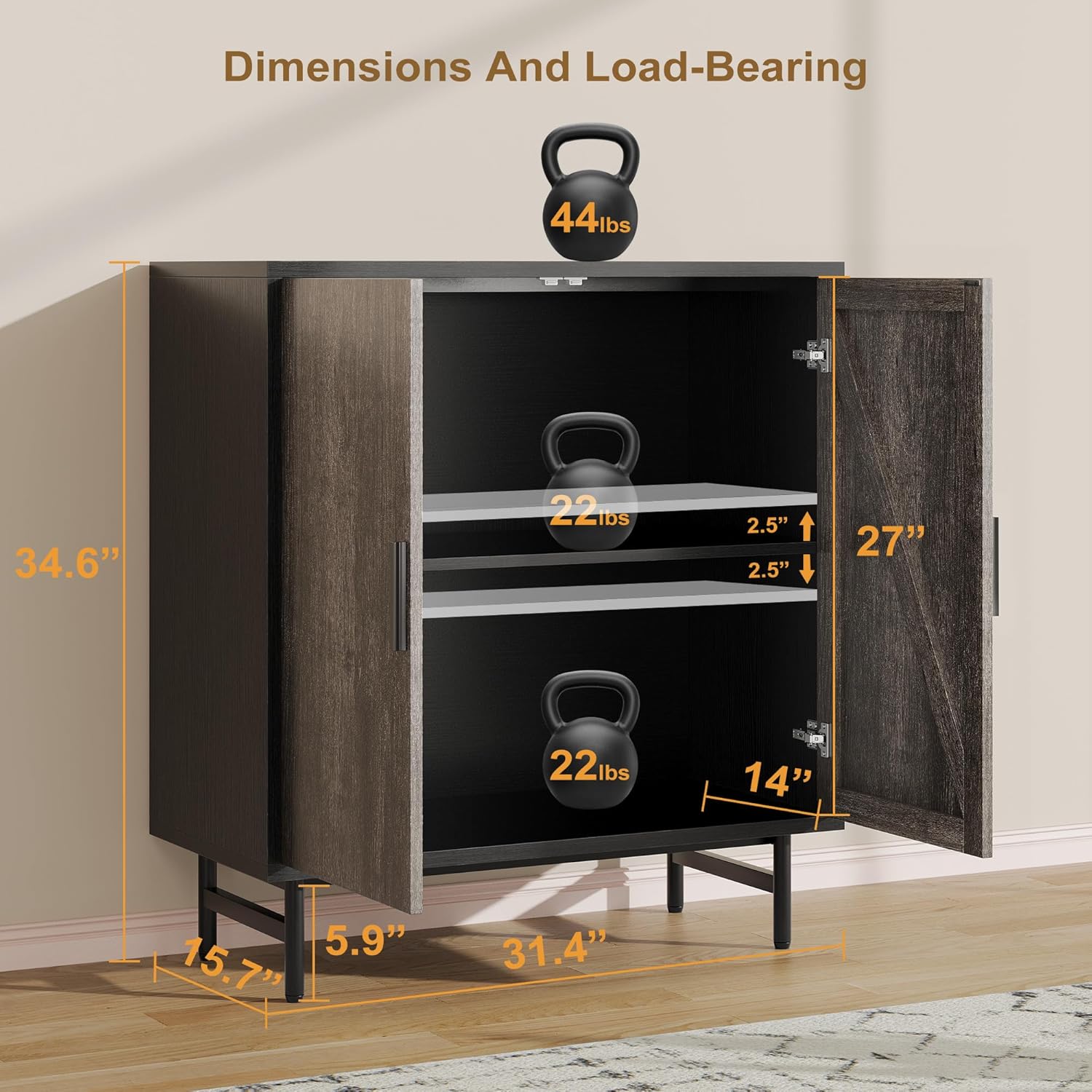 Vividwood Modern Sideboard - 2-Door Storage Cabinet with Adjustable Shelves (Grey)
