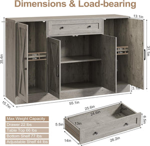Vividwood 55" Buffet Cabinet with Drawer - 4-Door Storage Sideboard for Dining Room Okay Gray