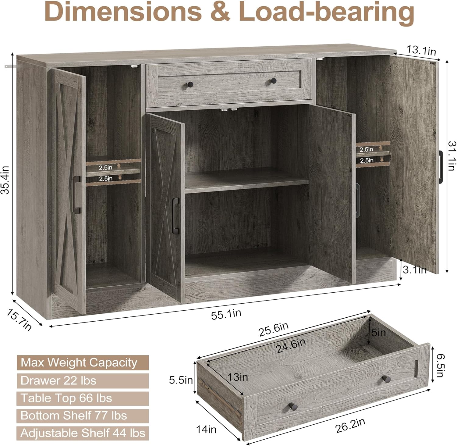 Vividwood 55" Buffet Cabinet with Drawer - 4-Door Storage Sideboard for Dining Room Okay Gray