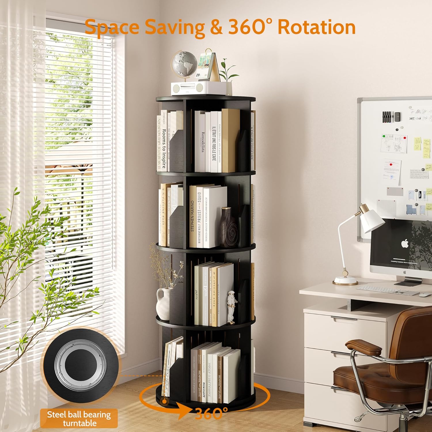Vividwood 360° Spinning Bookshelf - 4-Tier Corner Organizer for Small Spaces & Kids Rooms