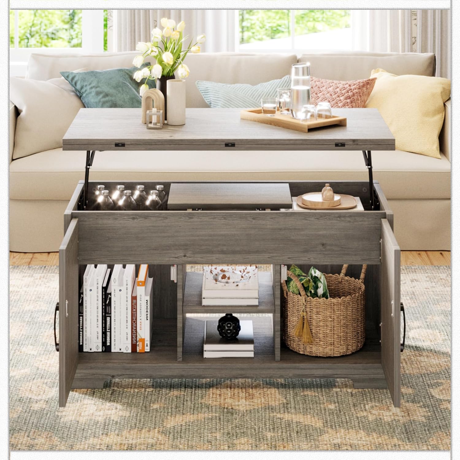 Vividwood Lift Top Coffee Table - 4-in-1 Convertible Design with Hidden Storage (Gray)