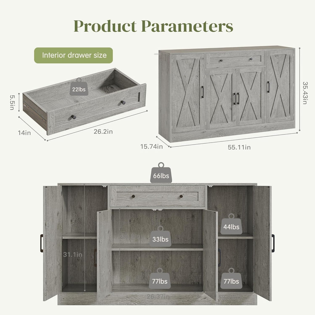 AesthLife Modern Farmhouse Sideboard - Wood Storage Cabinet with Doors & Drawer (Oak Grey)
