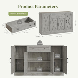 AesthLife Modern Farmhouse Sideboard - Wood Storage Cabinet with Doors & Drawer (Oak Grey)
