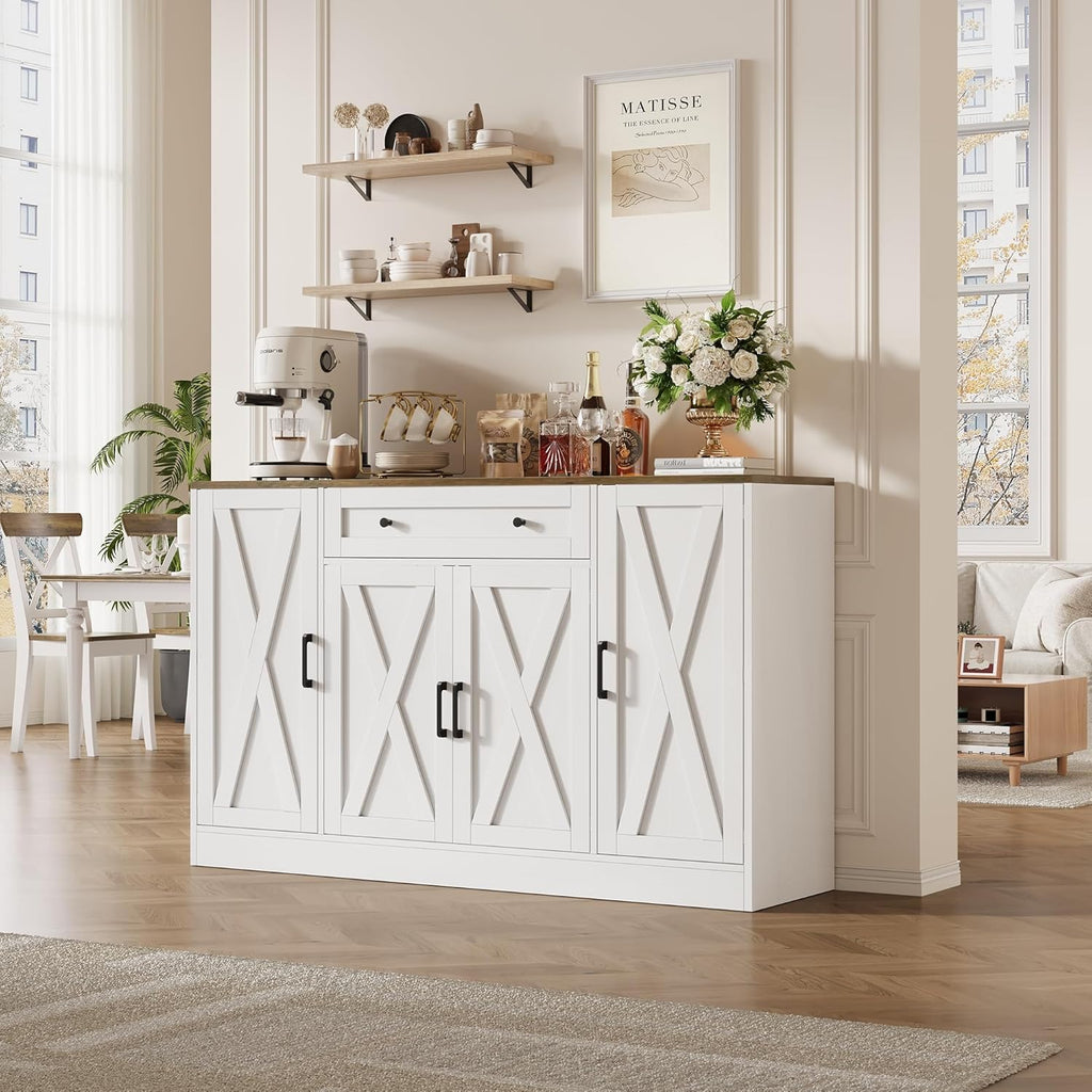 AesthLife Modern Farmhouse Sideboard - Wood Storage Cabinet with Doors & Drawer (White Oak Finish)