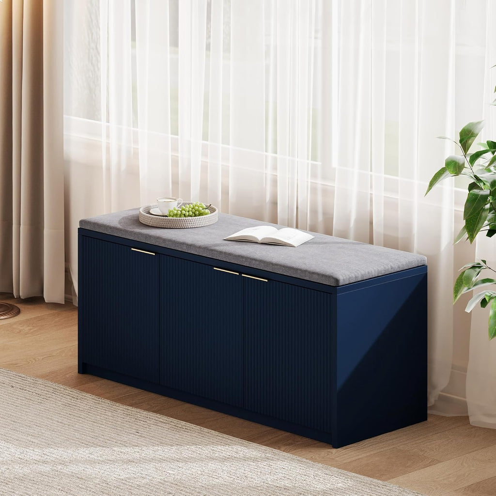 Vividwood Navy Blue Shoe Storage Bench‌ - 41.3" Entryway Cabinet with Padded Seat