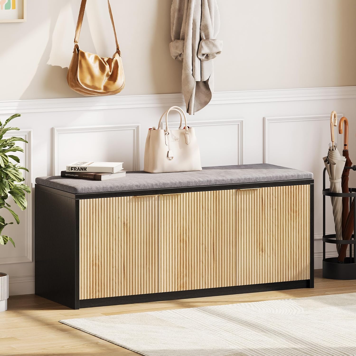 Vividwood 41.3" Entryway Storage Bench - 3-Door Shoe Organizer with Padded Seat (Wood Grain & Black)