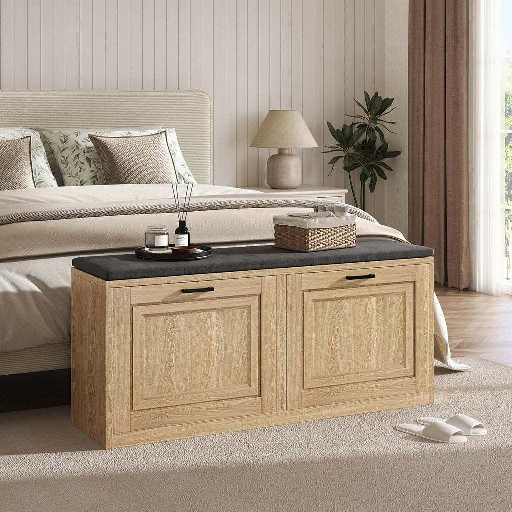 Vividwood 2-Tier Storage Bench - Padded Seat & Barn Doors (Wood)