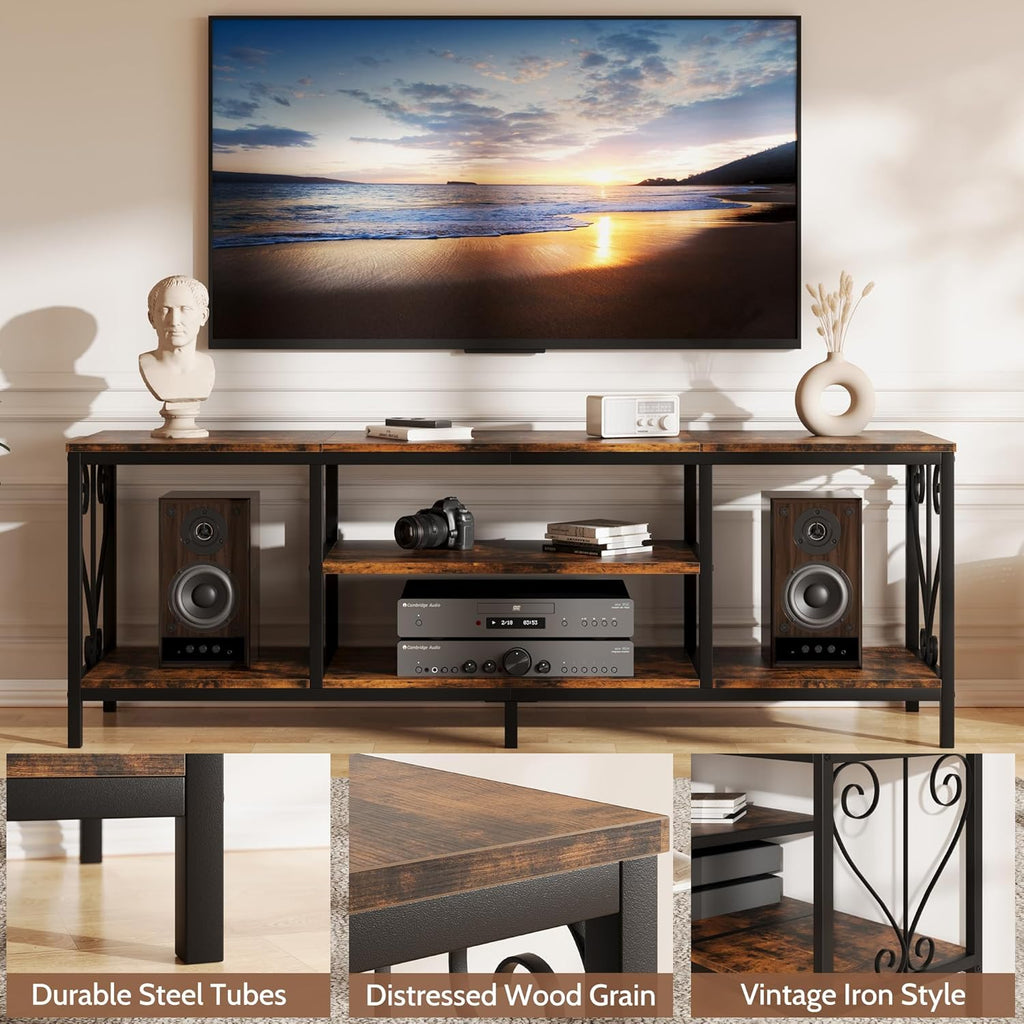 Vividwood 63" Industrial TV Stand for 70" TVs - 3-Tier Open Shelves & Soundbar Space