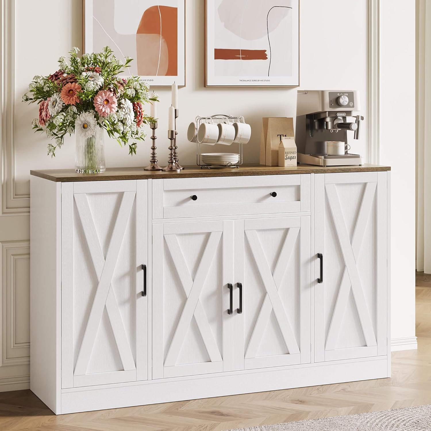 Vividwood 55" Buffet Cabinet with Drawer - 4-Door Storage Sideboard for Dining Room