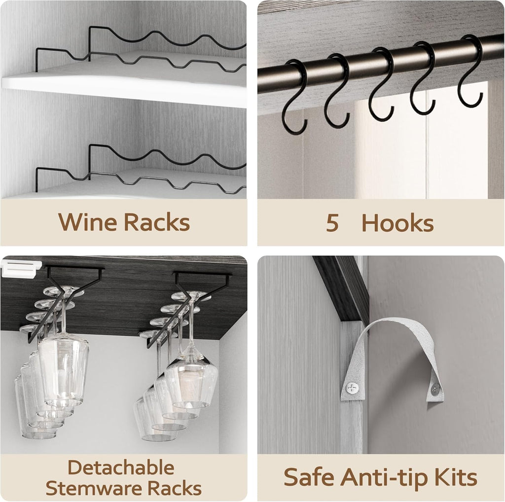 Vividwood Farmhouse Bar Cabinet‌ - Acrylic-Front Storage Hutch with Goblet Holder (Grey)