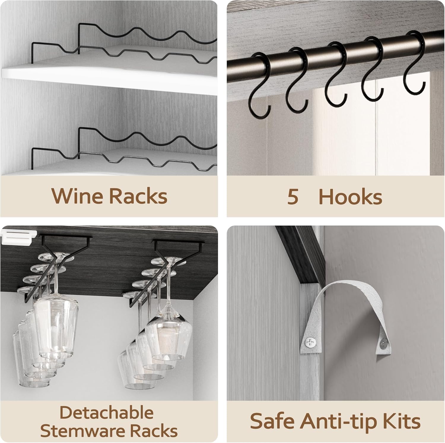 Vividwood Farmhouse Bar Cabinet‌ - Acrylic-Front Storage Hutch with Goblet Holder (Grey)