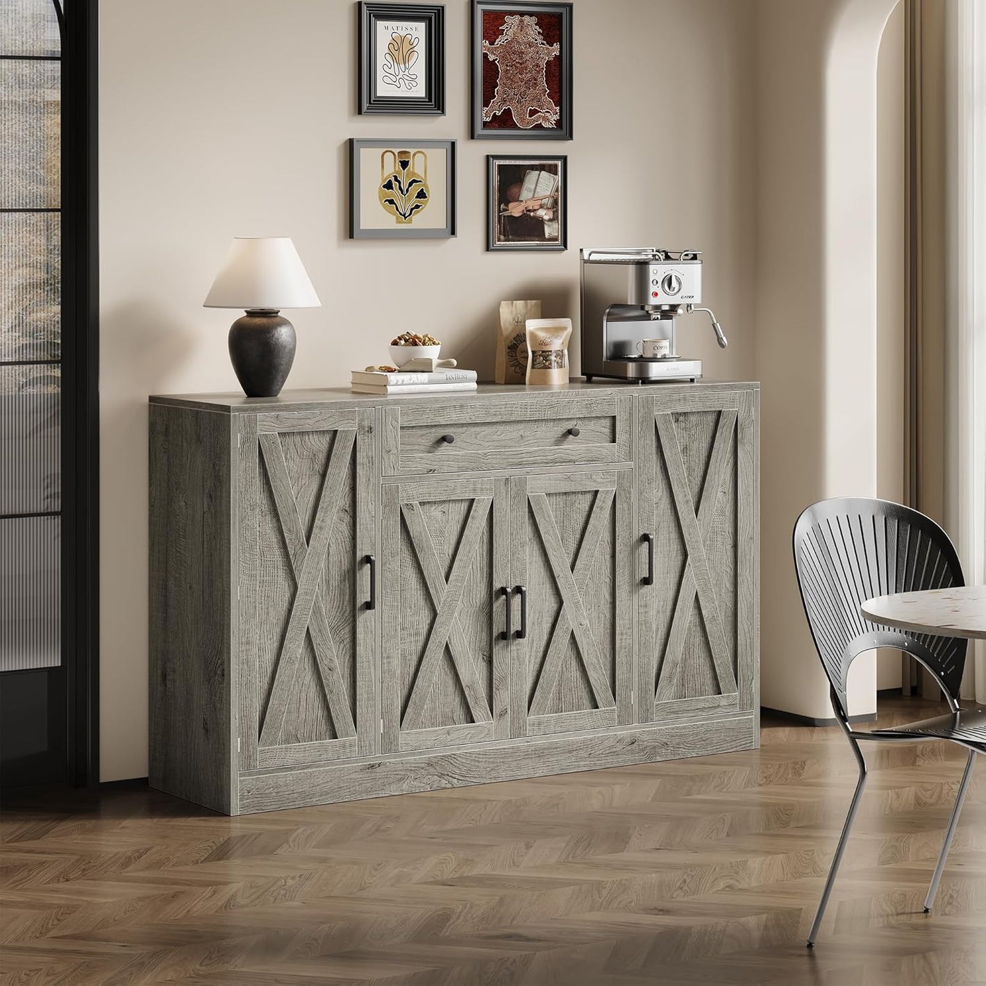 AesthLife Modern Farmhouse Sideboard - Wood Storage Cabinet with Doors & Drawer (Oak Grey)