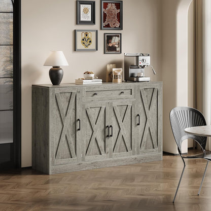AesthLife Modern Farmhouse Sideboard - Wood Storage Cabinet with Doors & Drawer (Oak Grey)