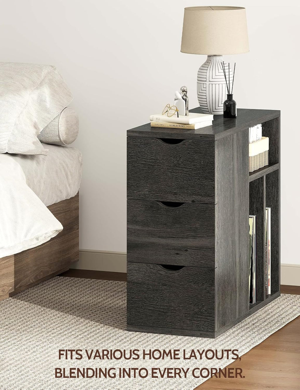 Vividwood 3-Drawer End Table‌ - Narrow Wood Side Table with Record Storage (Black)