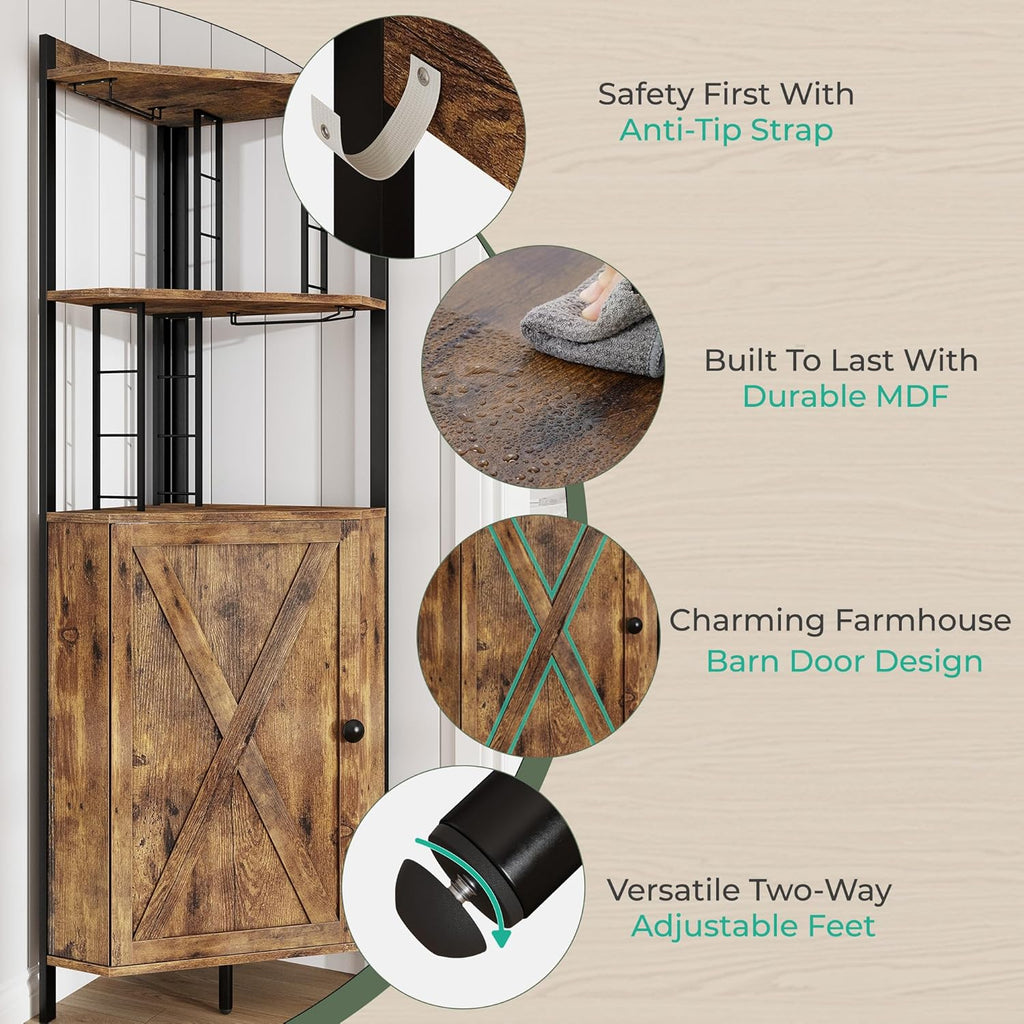 Vividwood Corner Wine Cabinet - 5-Tier Farmhouse Liquor Storage with Glass Rack & Barn Door