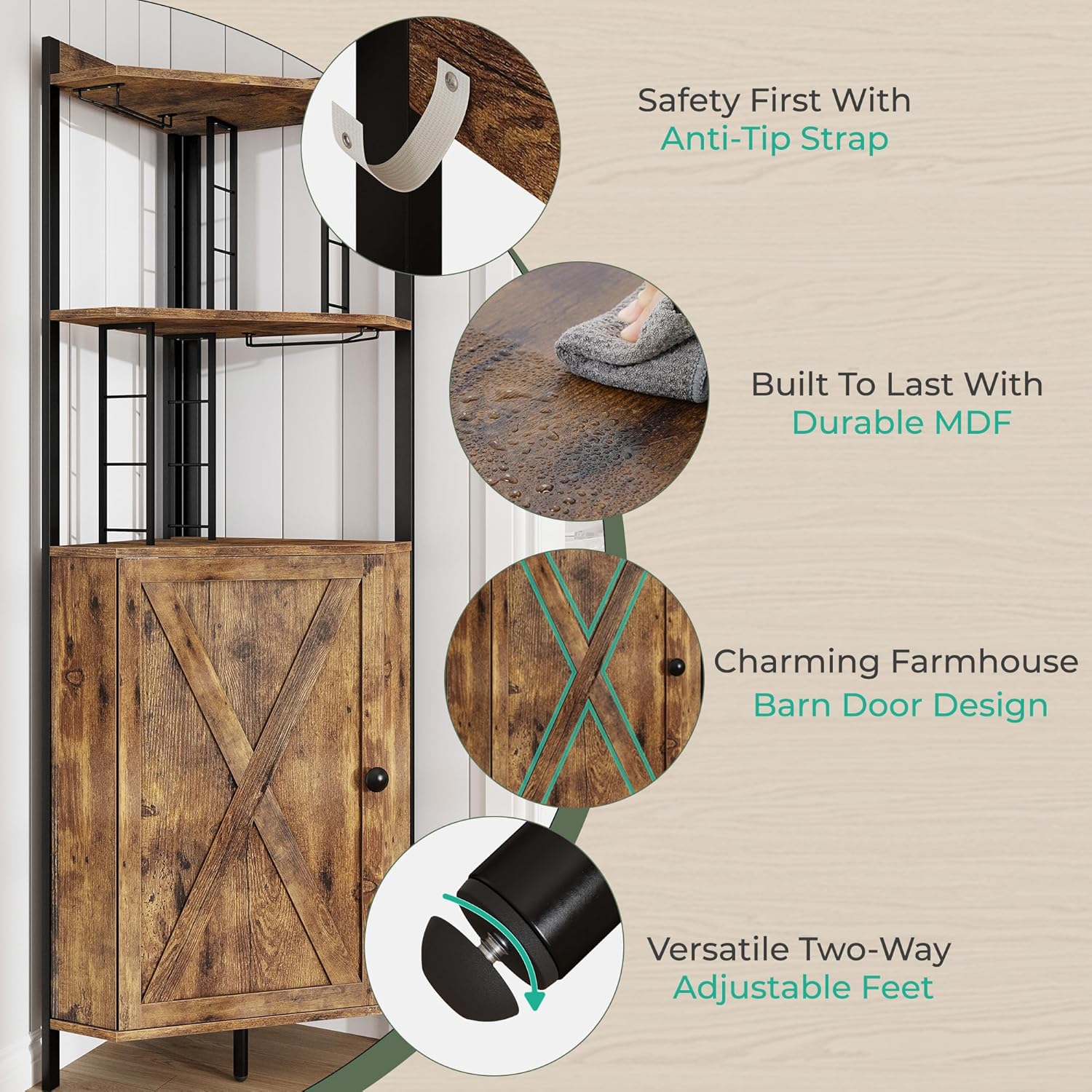 Vividwood Corner Wine Cabinet - 5-Tier Farmhouse Liquor Storage with Glass Rack & Barn Door