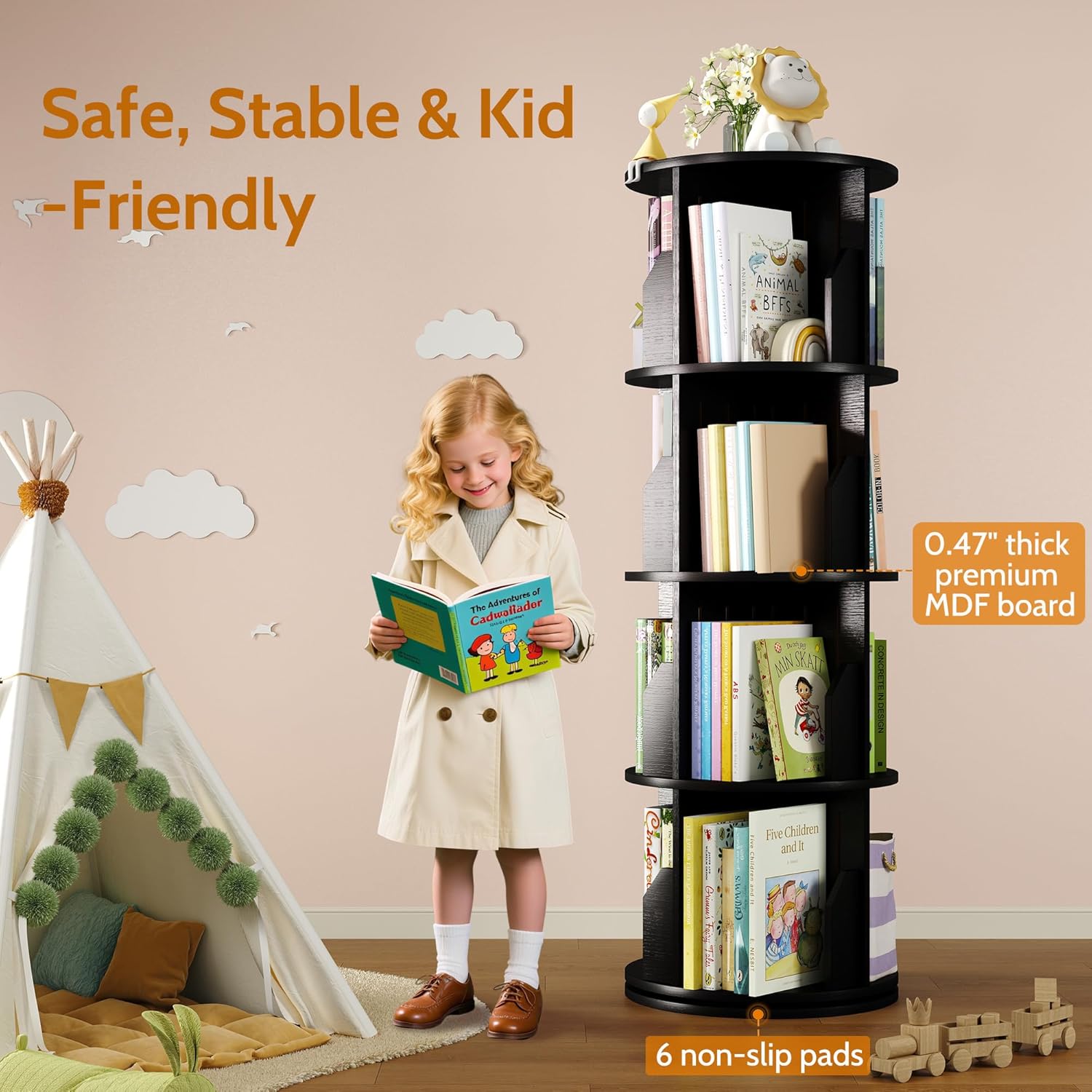 Vividwood 360° Spinning Bookshelf - 4-Tier Corner Organizer for Small Spaces & Kids Rooms