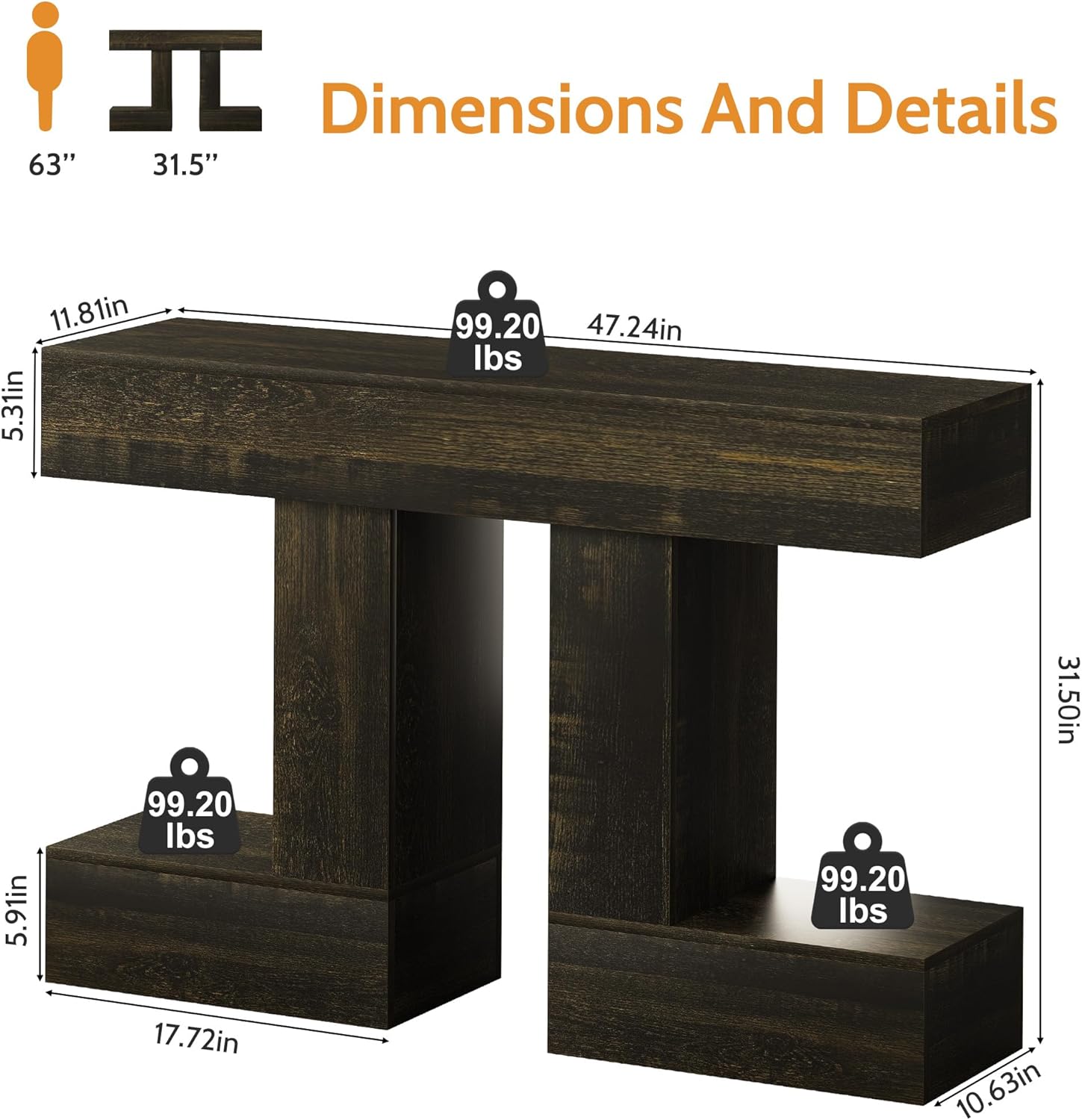 Vividwood 47.24" Farmhouse Console Table‌ - Sofa Table with Storage (Dark Grey)