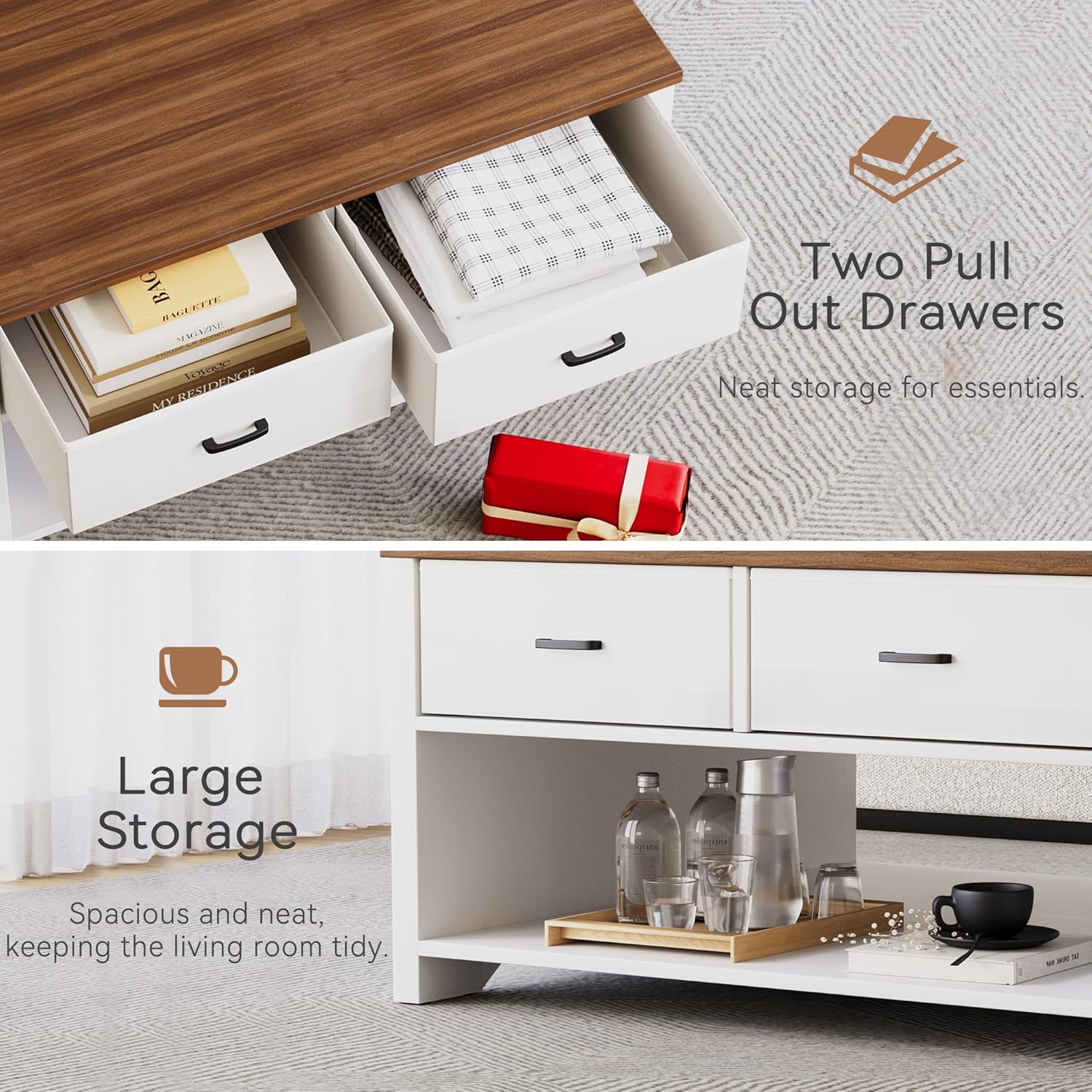 Vividwood Lift Top Coffee Table - Farmhouse Design with Open Storage & 2 Drawers (White)