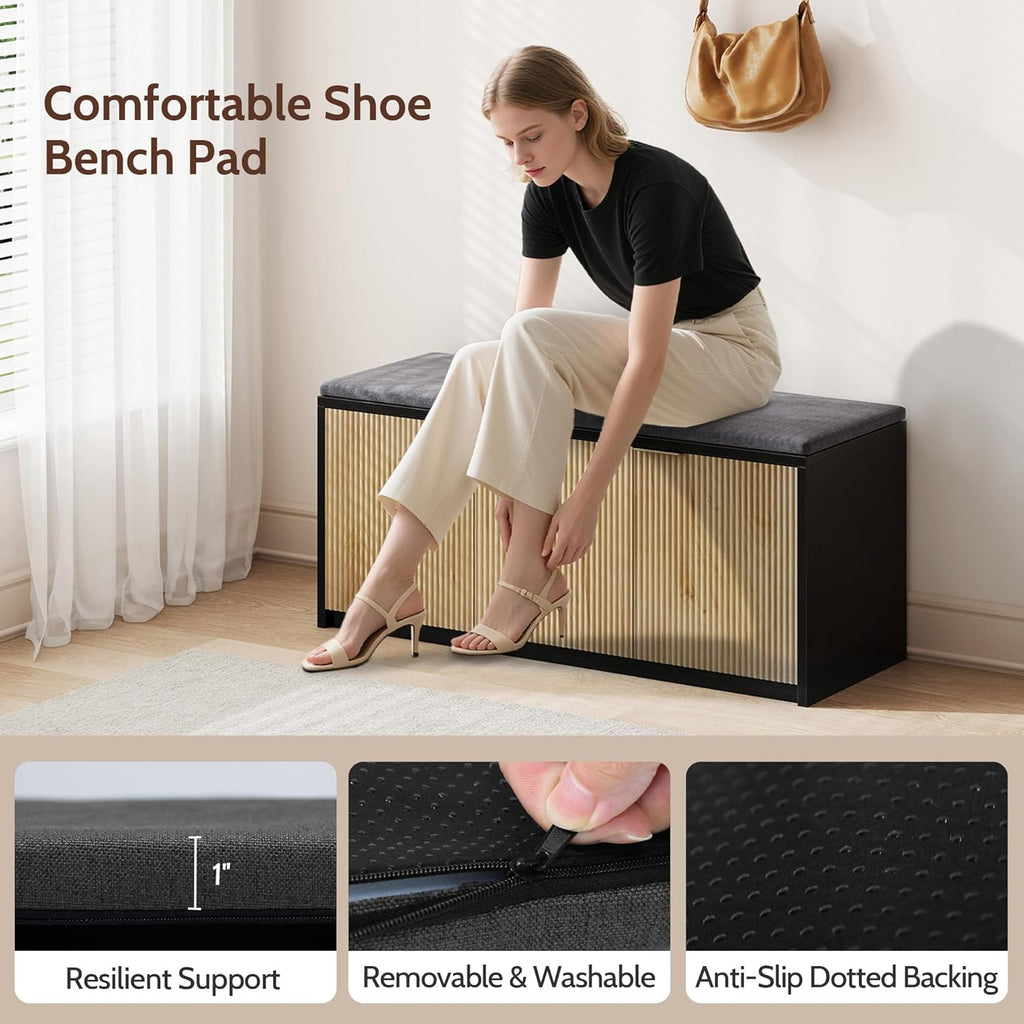 Vividwood 41.3" Entryway Storage Bench - 3-Door Shoe Organizer with Padded Seat (Wood Grain & Black)