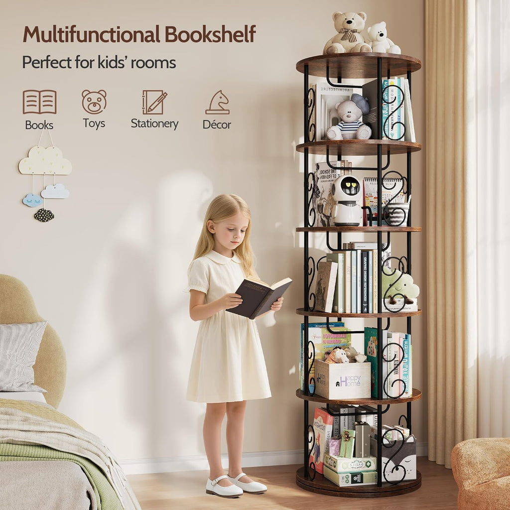 Vividwood 5-Tier Rotating Bookshelf - 360° Spinning Display Corner Bookcase with Stackable Design