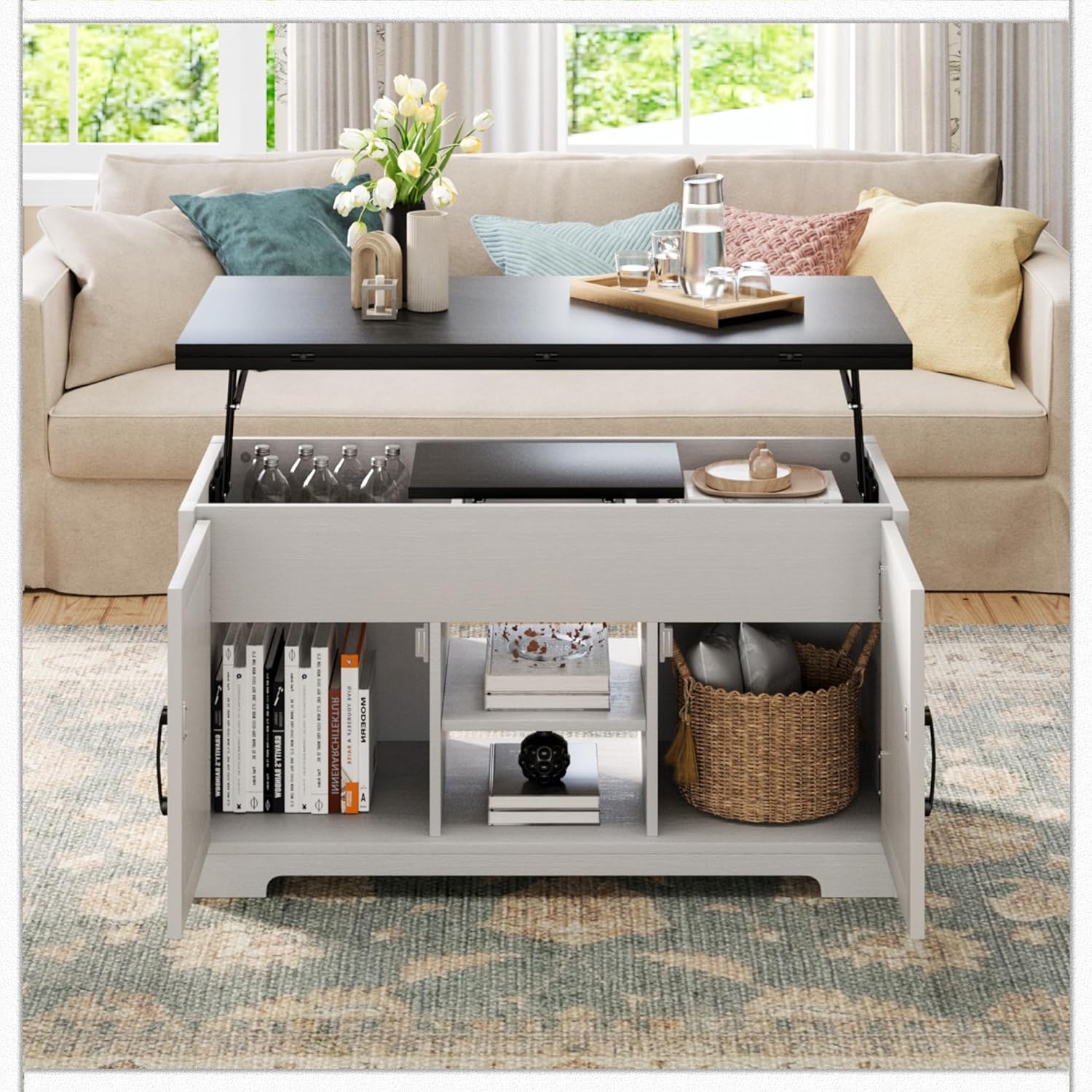 Vividwood Convertible Lift Top Coffee Table - Multi-Function Storage C
