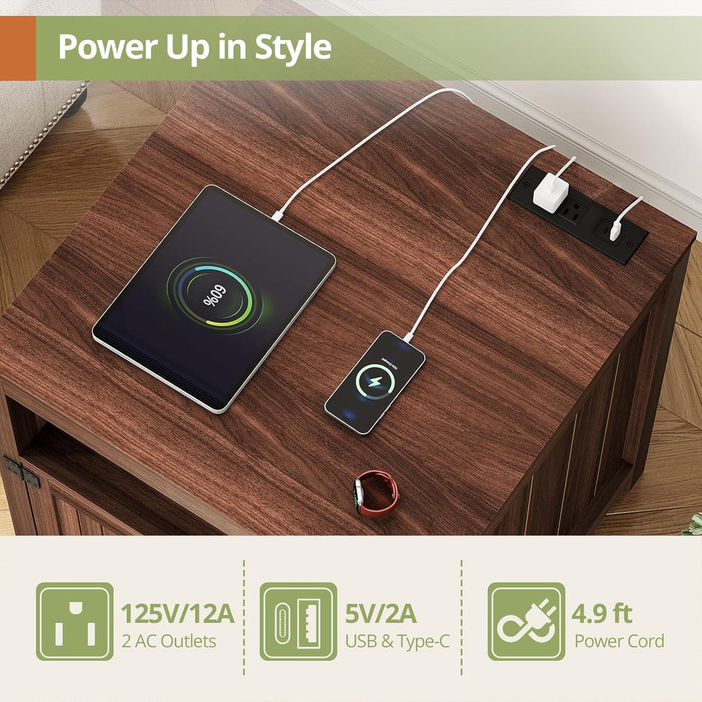 Vividwood Farmhouse End Table‌ - 23.6"W Side Table with Charging Station