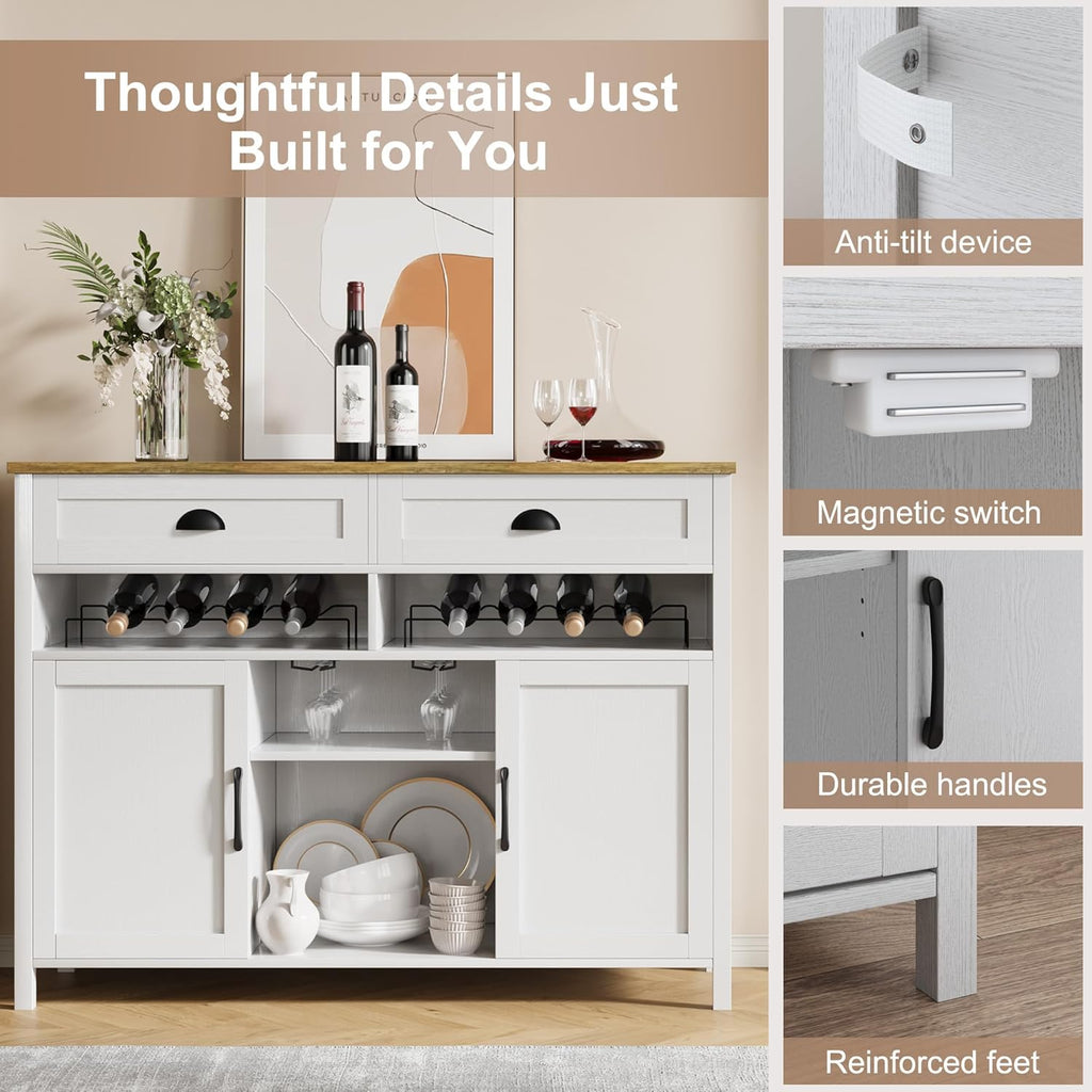 Vividwood Modern Farmhouse Wine Cabinet‌ - 47.2" with Glass Rack & Drawers (White)