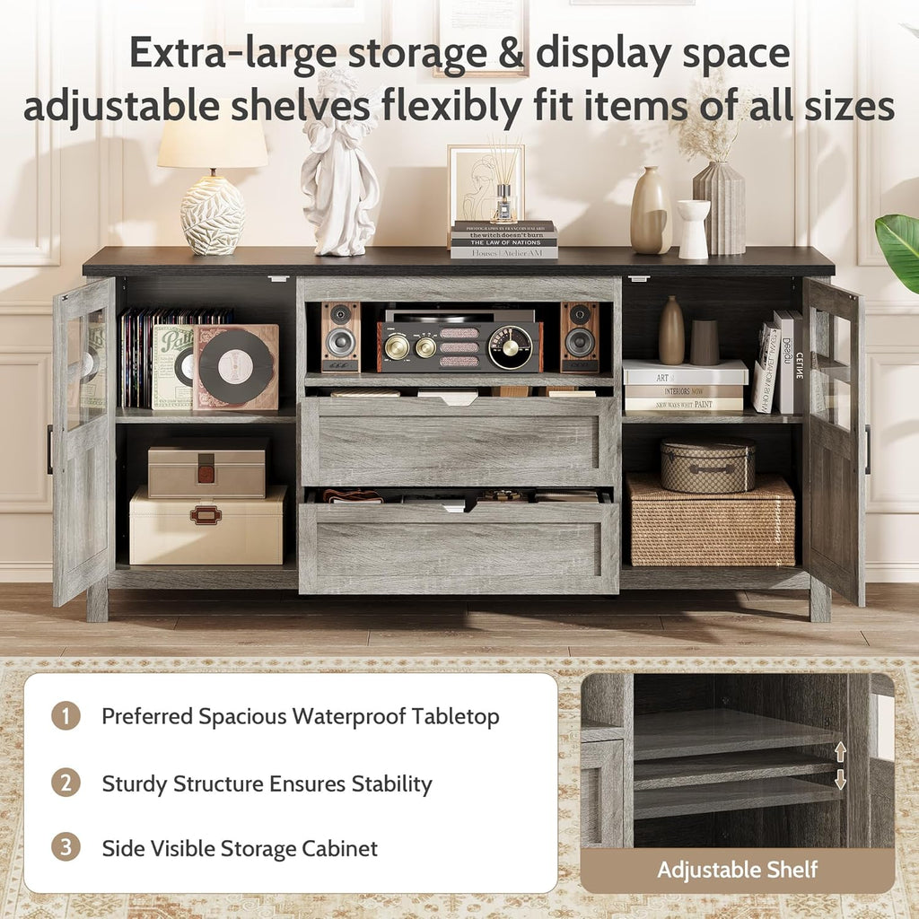 Vividwood Media Cabinet‌ - 70" TV Stand with Drawers & Cable Management (Grey)