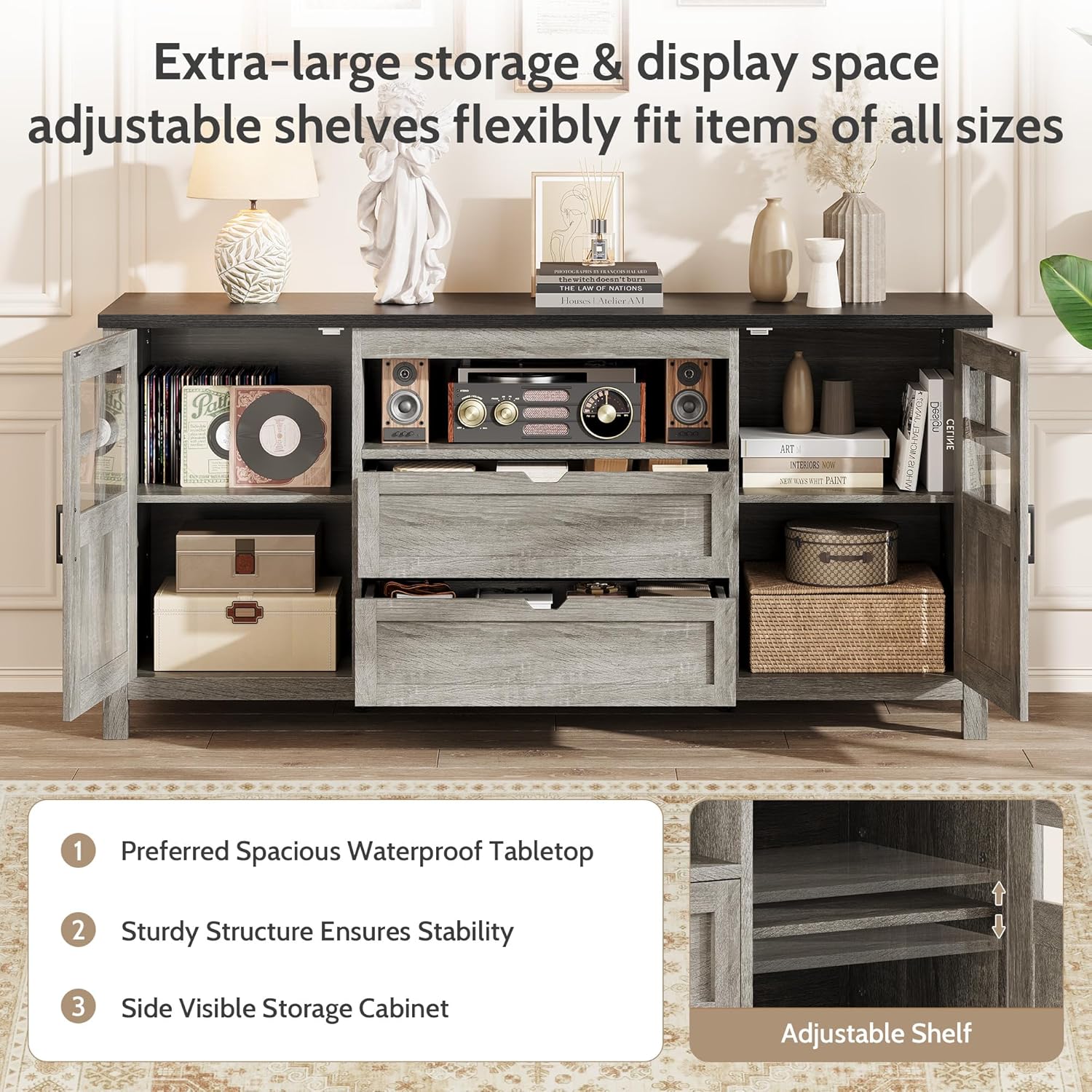 Vividwood Media Cabinet‌ - 70" TV Stand with Drawers & Cable Management (Grey)
