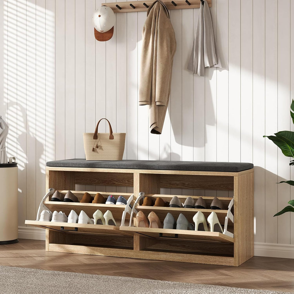 Vividwood 2-Tier Storage Bench - Padded Seat & Barn Doors (Wood)