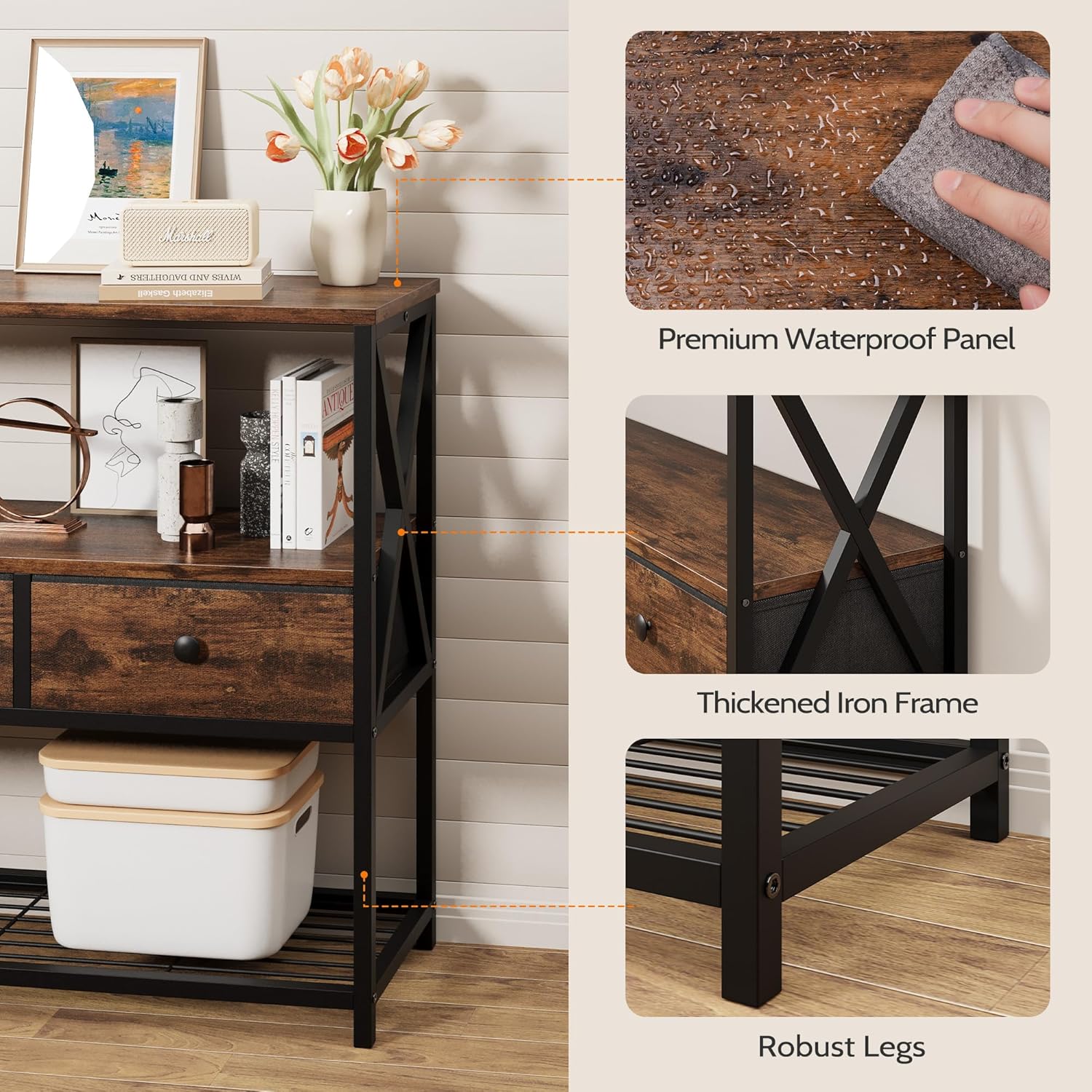 Vividwood 47" Farmhouse Console Table - 3-Drawer & Open Shelf Design (Rustic Brown)