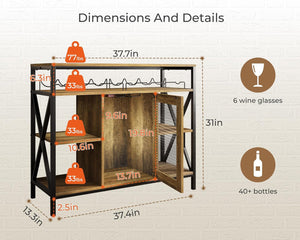 Vividwood Industrial Wine Cabinet‌ - Oak Finish with Wine Rack & Glass Holder