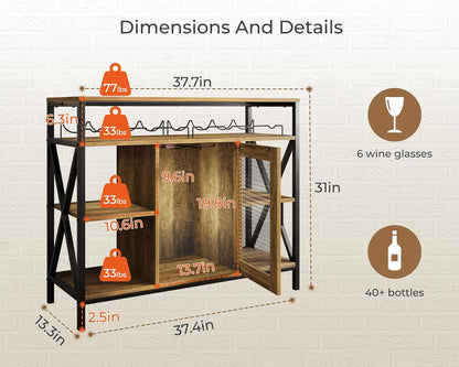 Vividwood Industrial Wine Cabinet‌ - Oak Finish with Wine Rack & Glass Holder