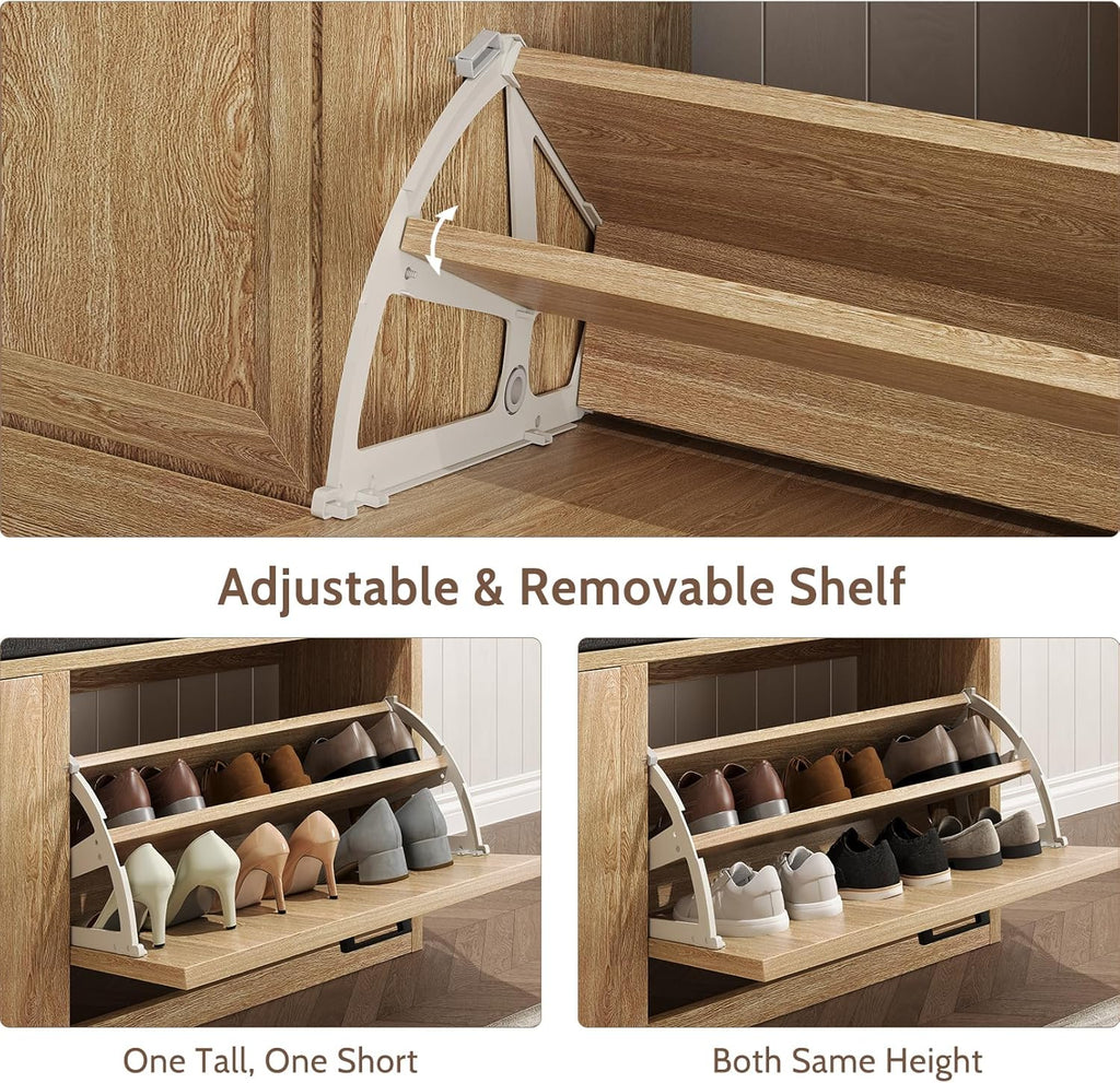 Vividwood 2-Tier Storage Bench - Padded Seat & Barn Doors (Wood)