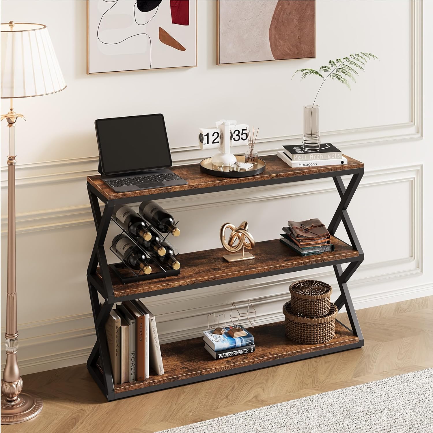 Vividwood Rustic Console Table - 47.2" Industrial Entryway Table with 3-Tier Shelves (Vintage Brown)
