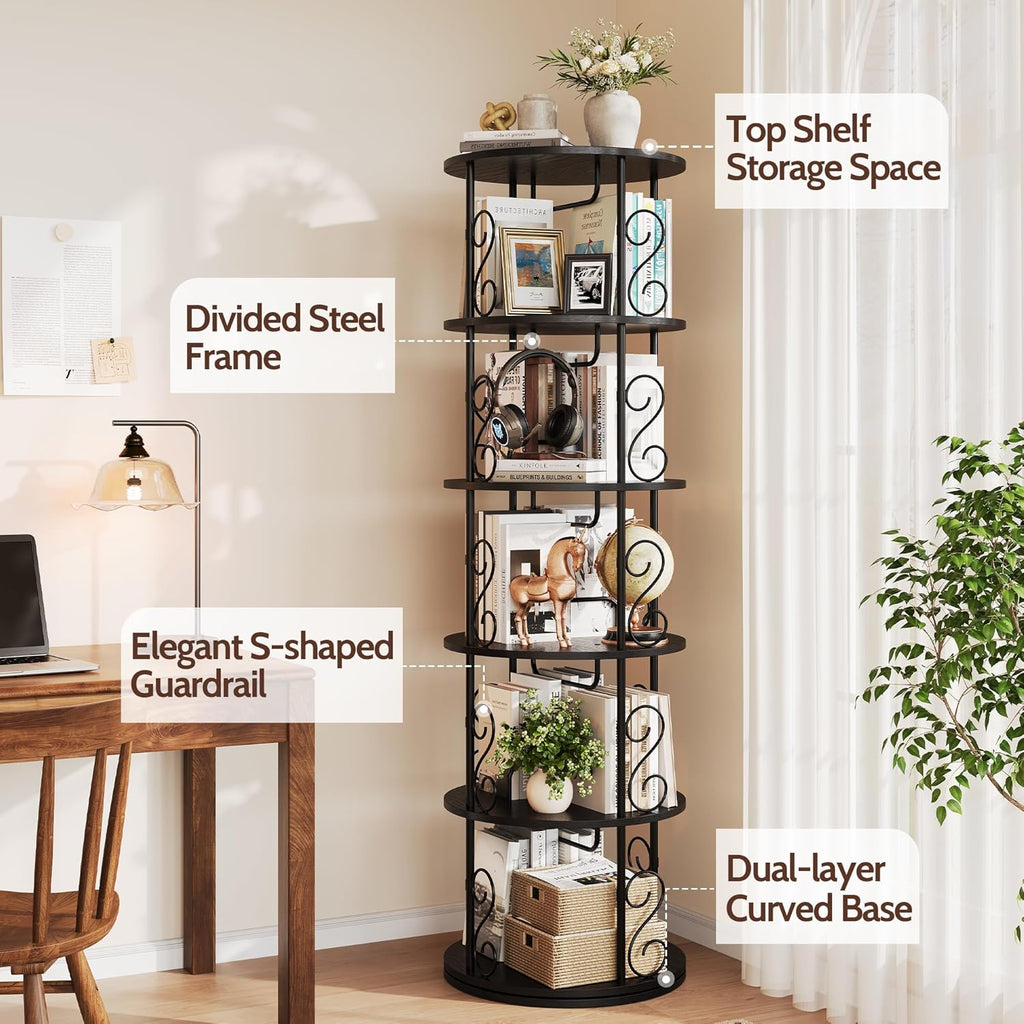 Vividwood 5-Tier Rotating Bookshelf - 360° Spinning Corner Display with Stackable Design