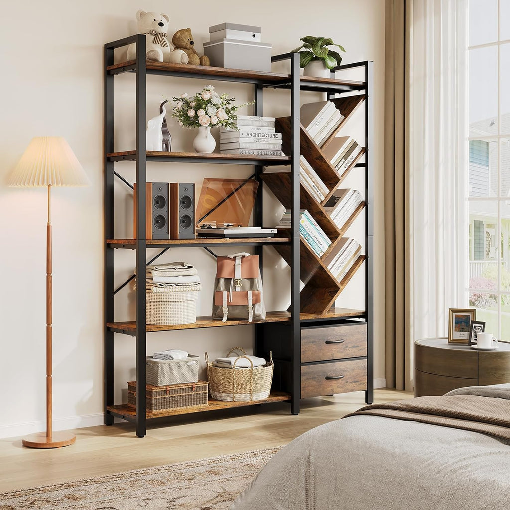 Vividwood 5-Tier Industrial Bookshelf - Tree Display with Fabric Drawers (Rustic Brown)