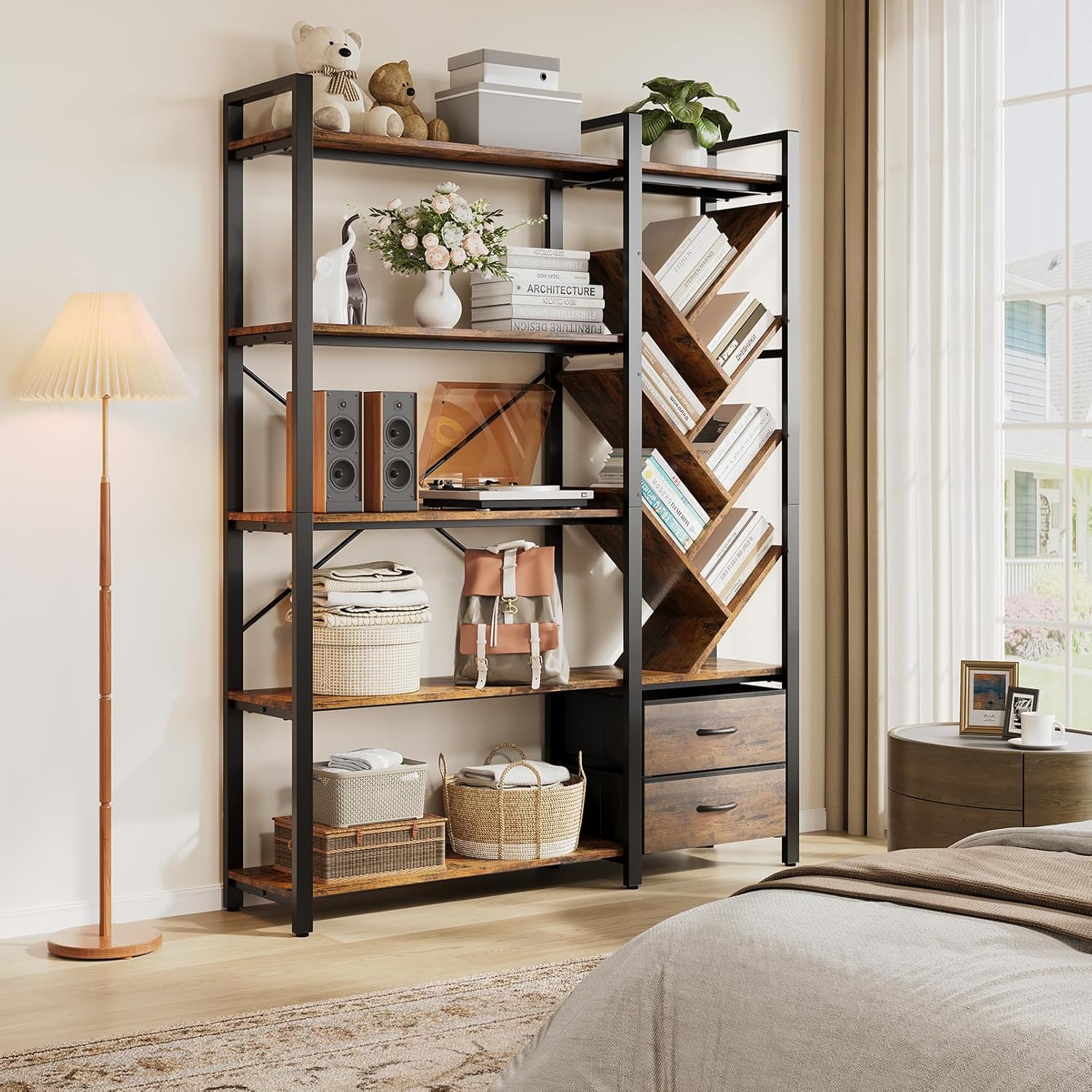 Vividwood 5-Tier Industrial Bookshelf - Tree Display with Fabric Drawers (Rustic Brown)