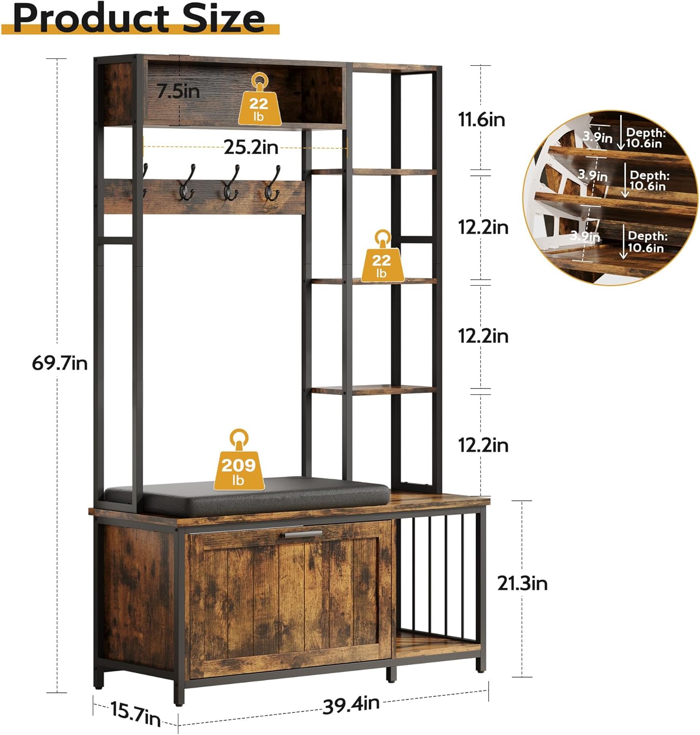 Vividwood Hall Tree with Bench - Shoe Storage Organizer 39.37