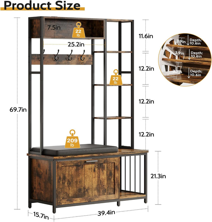 Vividwood Hall Tree with Bench - Shoe Storage Organizer 39.37" (Brown)