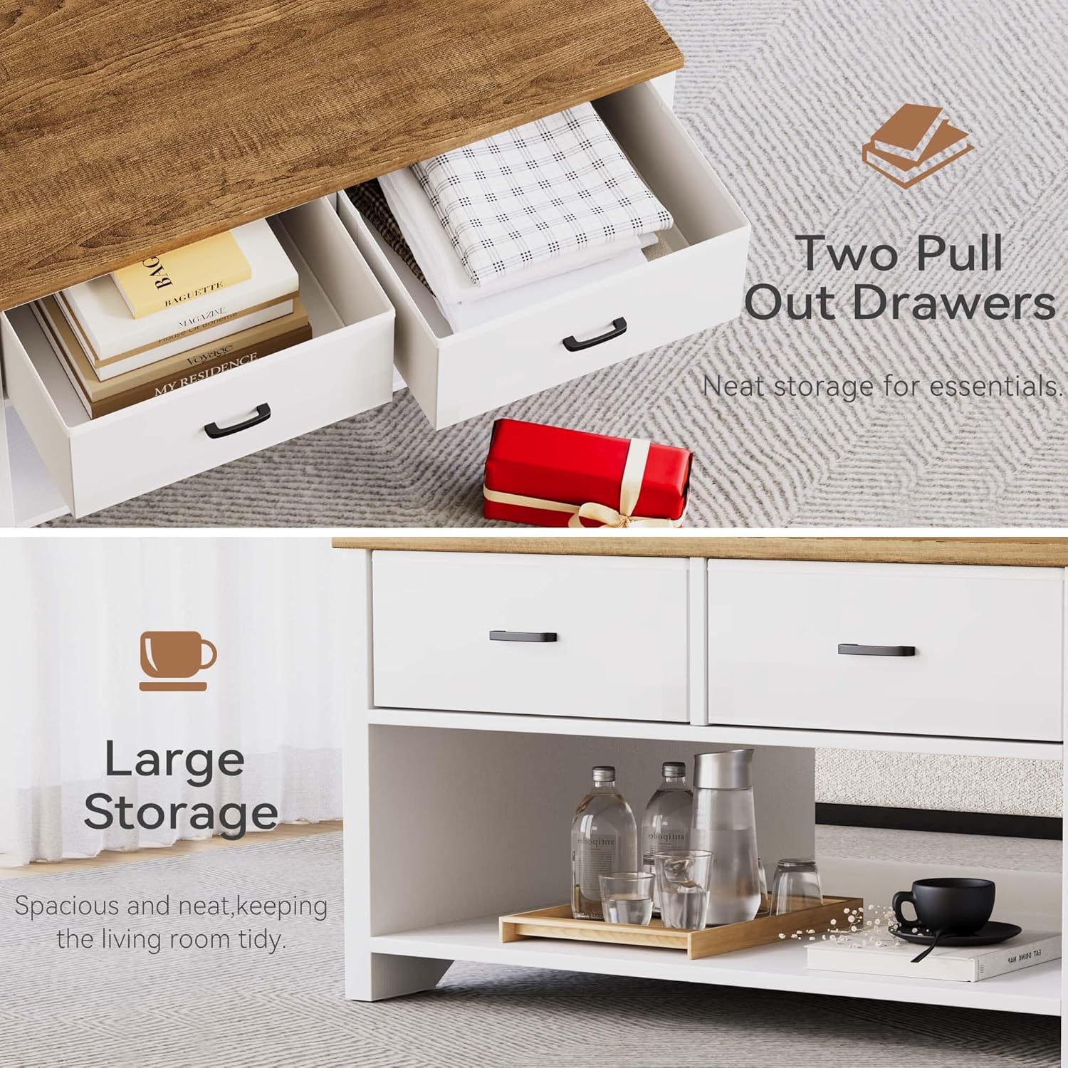 Vividwood Farmhouse Lift Top Coffee Table - Rustic Center Table with 2 Drawers & Large Storage (Brown)