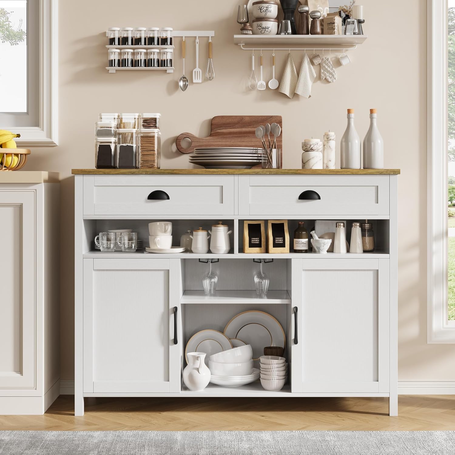 Vividwood Modern Farmhouse Wine Cabinet‌ - 47.2" with Glass Rack & Drawers (White)