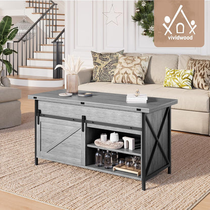 Vividwood Farmhouse Lift Top Coffee Table - 4-in-1 Convertible with Storage (Grey)